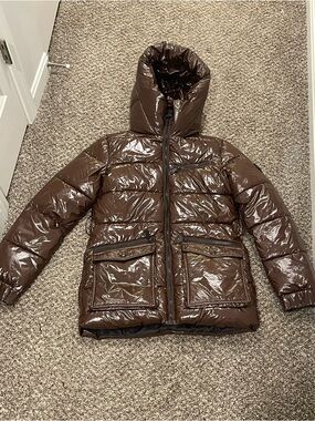 Kids Glossy Brown Hooded Puffer Jacket
